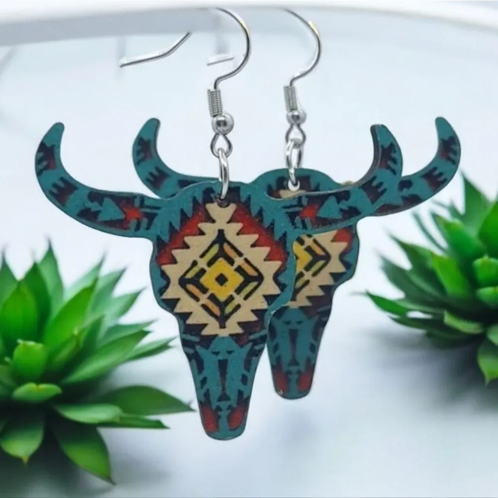Longhorn Skull Earrings Southwestern Cowgirl Aztec Steer Western Wood Dangle